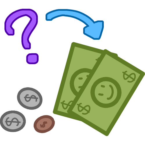 Two lime green dollars , two silver coins and one bronze coin are pointed at by a cyan (blue) arrow and a purple question  mark